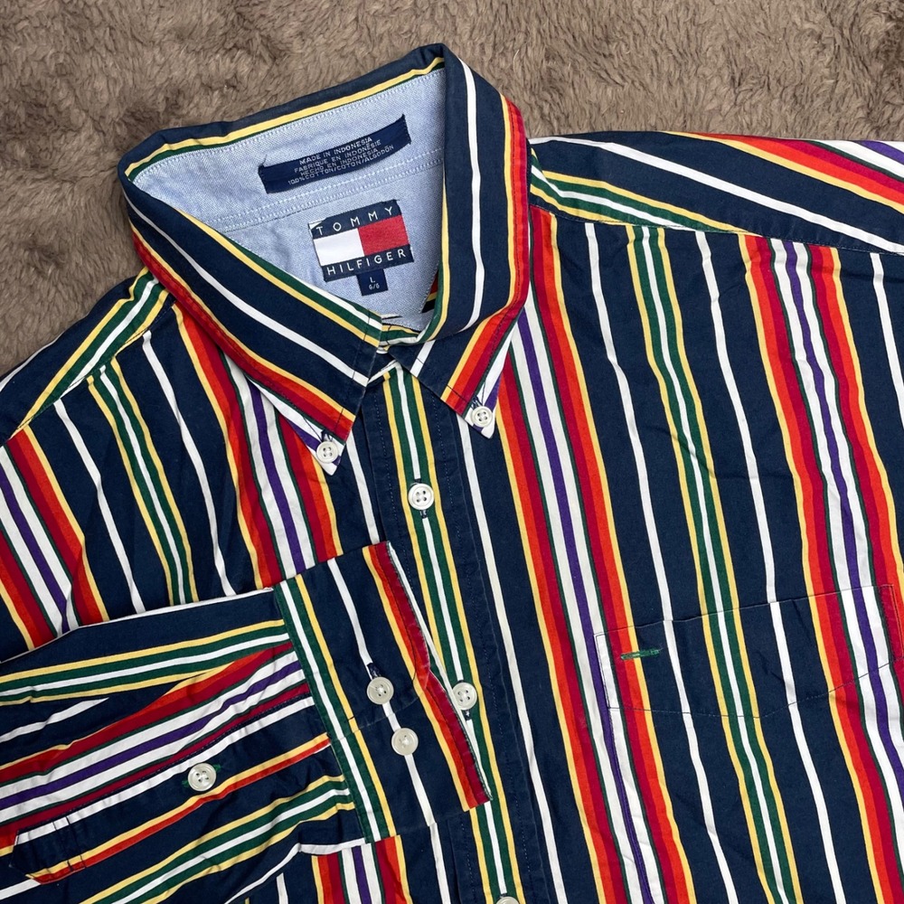 Tommy Hilfiger Mens Large Multi Color Striped Button Down Shirt Crest Logo Navy